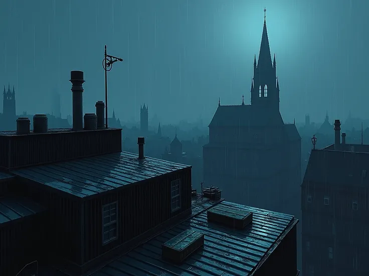 THE ROOF OF A BUILDING WITH CONTAINERS .  IS A RAINY NIGHT WITH A SHADE OF BLUE AND IN THE DISTANCE YOU CAN SEE OTHER GOTHIC CITY BUILDINGS