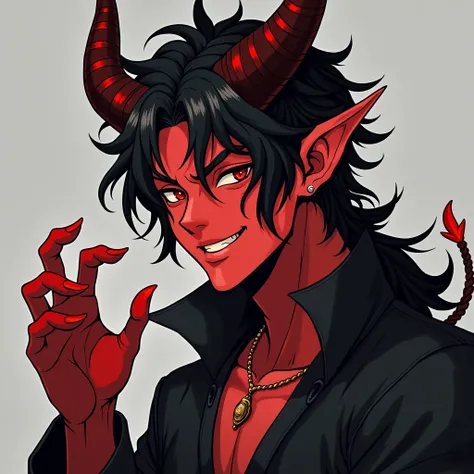 A demon in his adult form ,  with sharp horns, claws,  with a reddish complexion that lightens ,  black hair with details in red cluttered with spikes ,  something long on the right side and a short braid that reaches up to his chin,  clothes adorned in da...