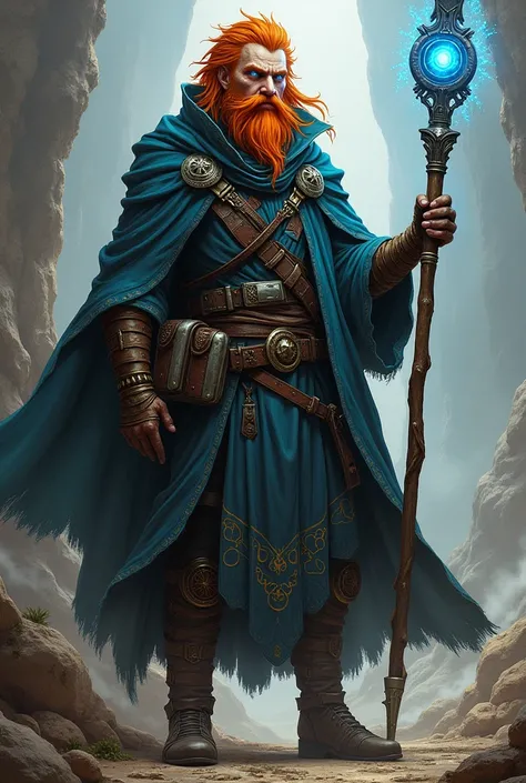 Mage with orange hair and blue eyes holding a staff with gunslinger gear on and a scar on his face