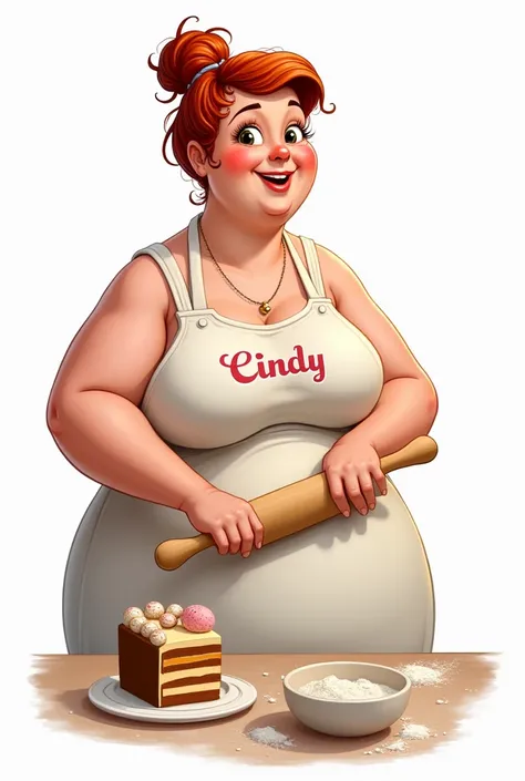 woman in her forties, reddish brown short hair tied up in a mess, with a kitchen apron written CINDY, large breasts, thick waist, rolling pin, flour on her face cake, humorous cartoons on a white background