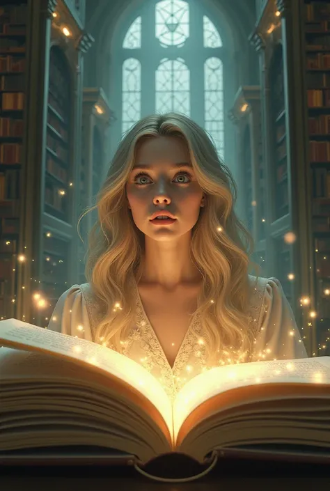 Une femme  blonde au yeux clair qui rêve d’un monde imaginaire qui sort d’un livre avec une bibliothèque derrière elle 