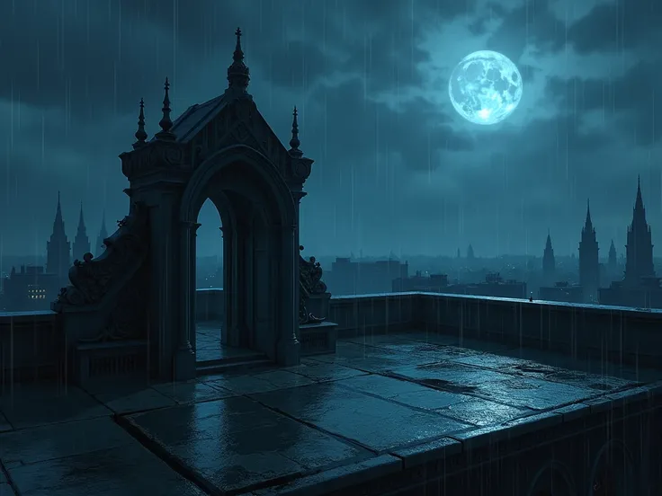 THE ENTRANCE OF A ROOM ON THE ROOF OF A BUILDING WITH CONTAINERS.  IS A RAINY NIGHT WITH A SHADE OF BLUE AND IN THE DISTANCE YOU CAN SEE OTHER GOTHIC CITY BUILDINGS