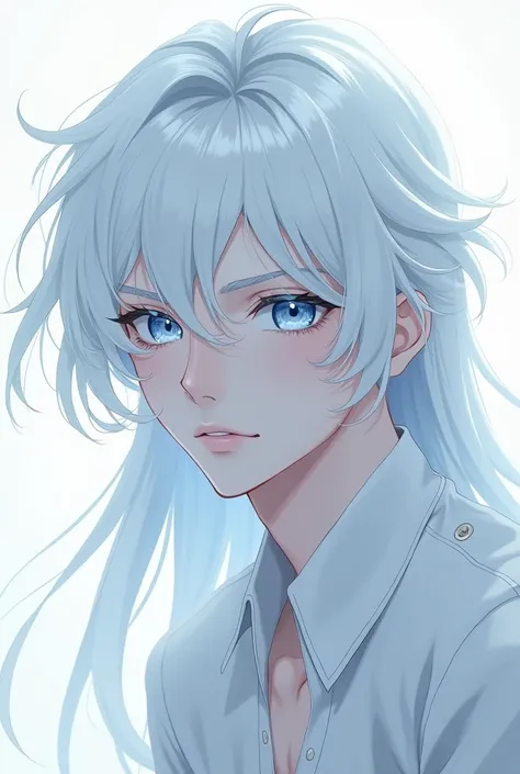 an effeminate man with white hair and big blue eyes and with a white background and an omegaverse anime style