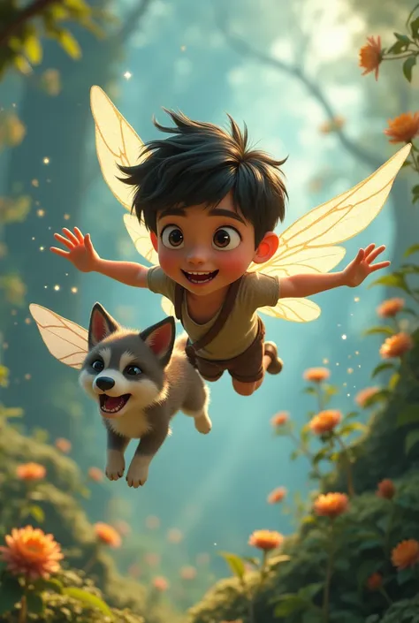 A dark-haired boy with fairy wings flying happily with a wolf cub with fairy wings in 3D animation 