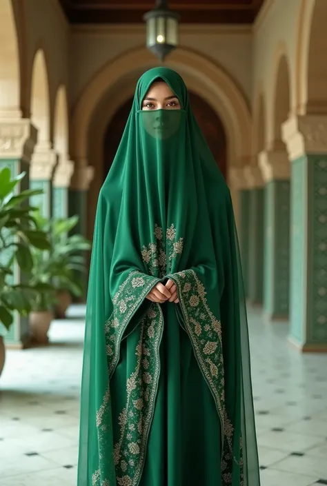 Prepare a girl wearing green coloured artistic abaya inside the corridor of a green coloured palace covering the face with aveil  like a muslim girl. Hide the face of the girl with veil and take photo from front side. Highlight the artistry.