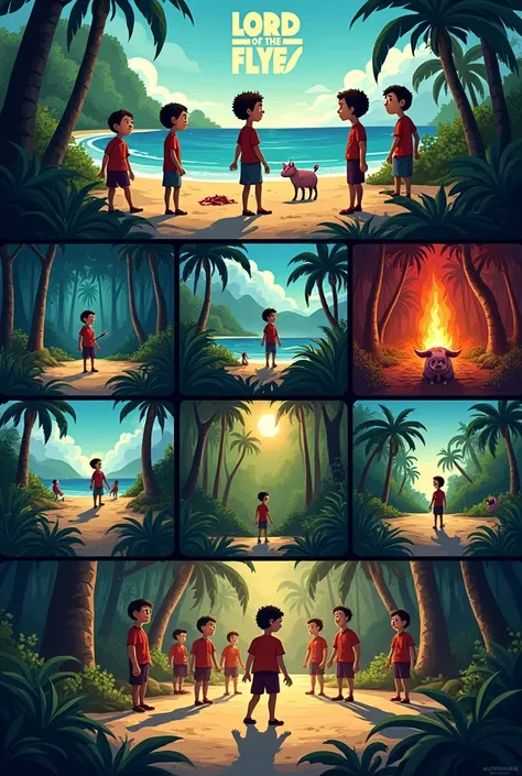 Make a cartoon of 9 vignettes from the Lord of the Flies book showing a beginning, development and end.