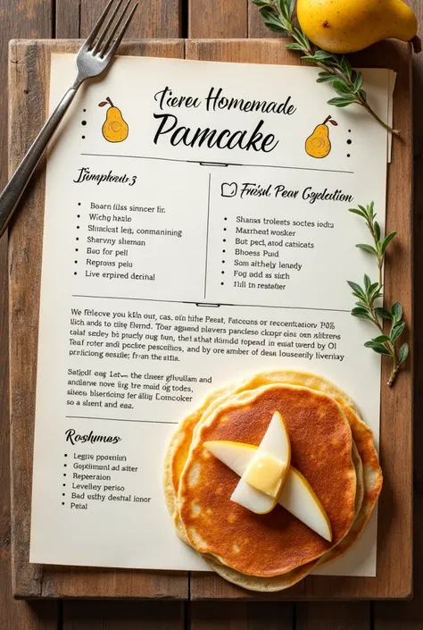 Créer une image d’une fiche recette de pancakes avec les informations suivantes :
 JAMIE OLIVERS PANCAKES

PREPARATION 5min

COOKING 10min

Ingredients: 
1 glass of milk
1 glass of flour
1 egg
1 pear