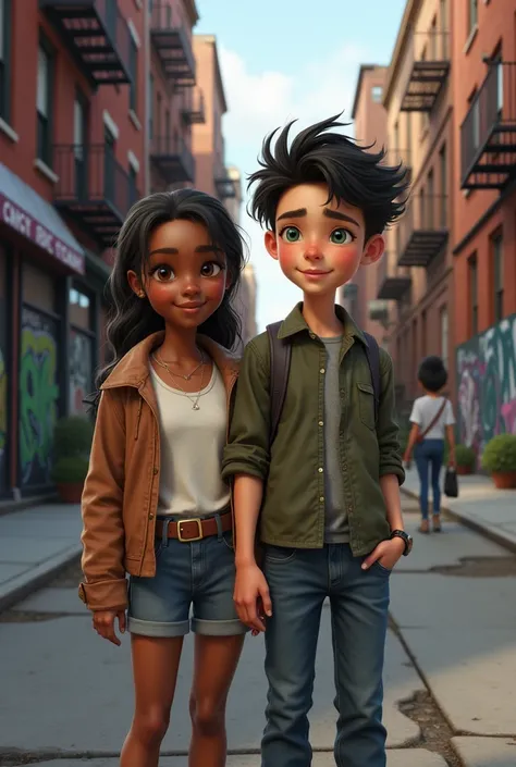 White boy with black hair and green eyes next to a black girl in the realistic Bronx neighborhood