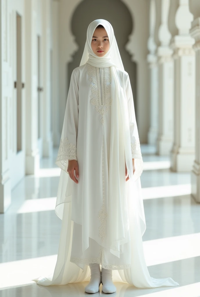 Prepare a girl wearing white coloured artistic abaya inside the corridor of a white coloured palace covering the face with aveil  like a muslim girl. Hide the face of the girl with veil, hands with socks and take photo from front side. Highlight the artist...