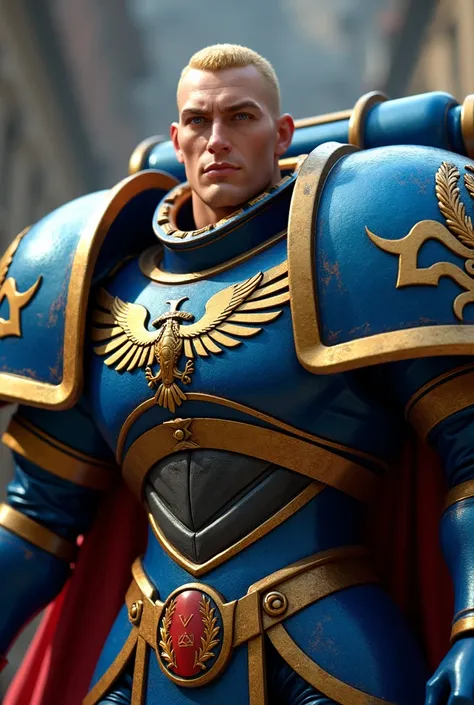 Primarch of Ultramar Roboute Guilliman, Eyes: His piercing blue eyes exude intelligence, determination, and a commanding presence,
Hair: He is often depicted with short-cropped or neatly combed blonde hair, further emphasizing his disciplined and orderly d...