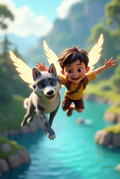 A brown boy with fairy wings and a gray wolf with fairy wings happy flying over the waters 3D animação 