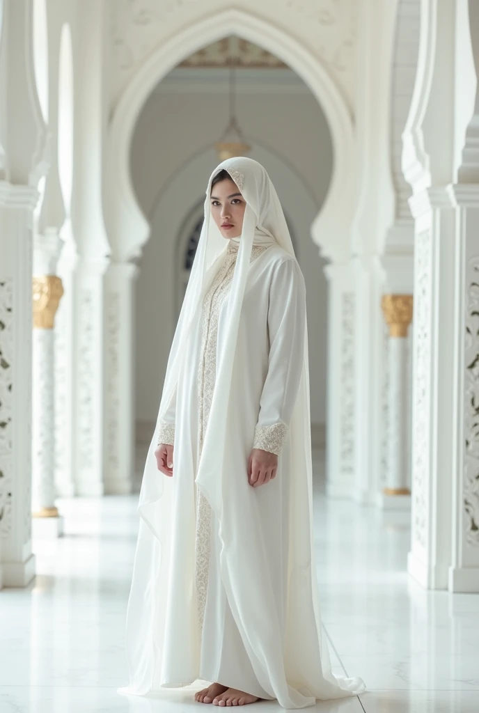 Prepare a girl wearing white coloured artistic abaya inside the corridor of a white coloured palace covering the face with aveil  like a muslim girl. Hide the face of the girl with veil and take photo from front side.