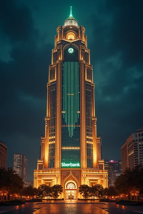 Build a tall, luxurious building with flamboyant lights and with Sberbank as its title