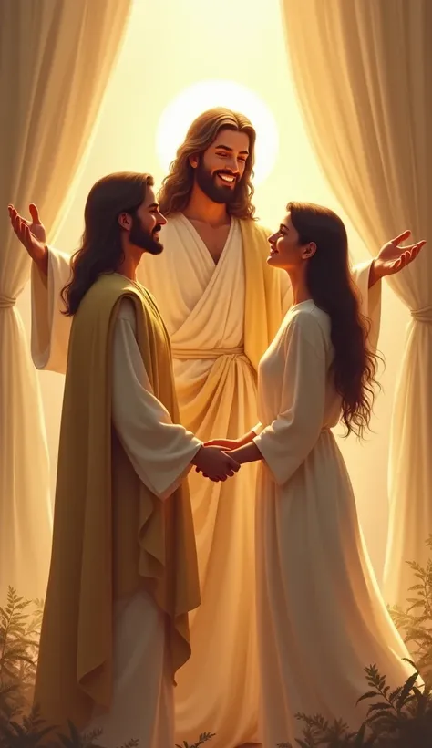 _" A happy Christian couple, holding hands, with Jesus at the center, smiling at them . The atmosphere is calm and welcoming,  in soft, warm light ."_