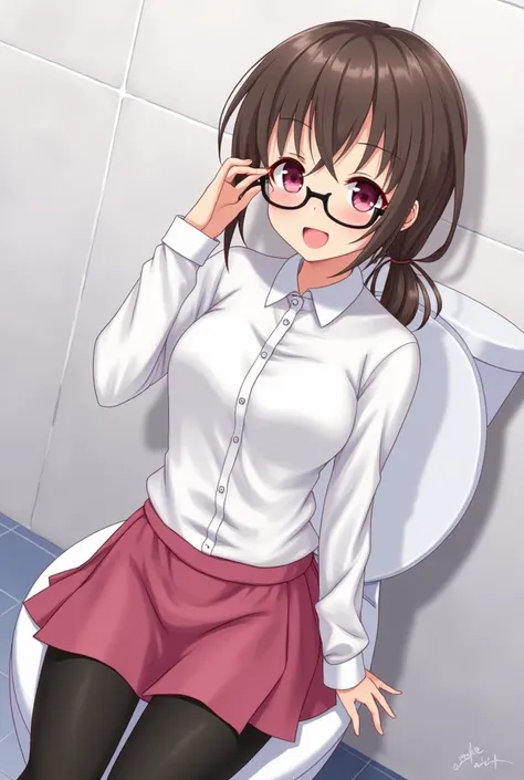 anime, black leggings, glasses, pink skirt, collared white, toilet, happy,