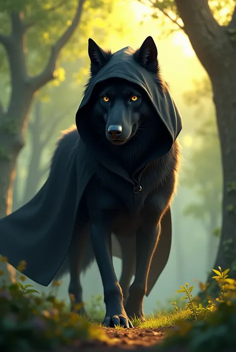 Black wolf with a black hood in the background of a Pixar-style forest