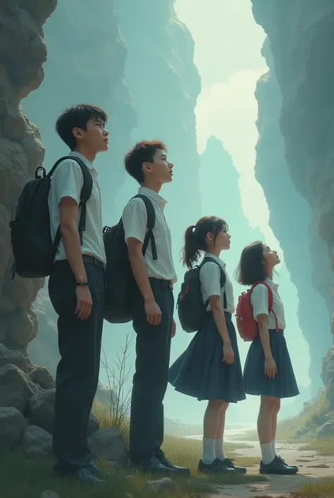 Photograph of 5 students, 3 men, 2 women looking for dreams, wearing school uniforms, asking for fantasy
