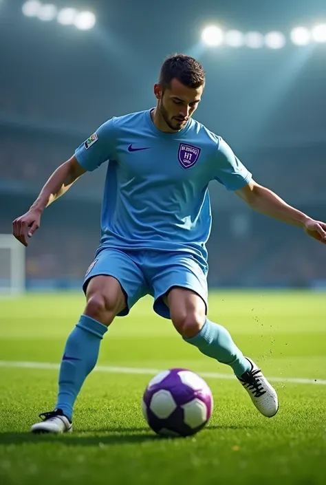 Generate a soccer player kicking a ball that has a purple shield similar to that of Sporting Cristal on the clubs purple symbol and that the players uniform is all light blue