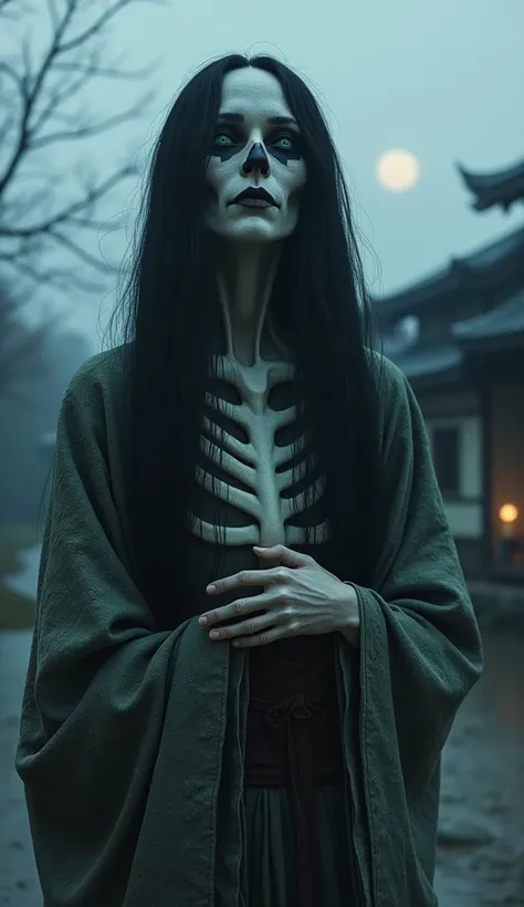 A hyper-realistic and haunting depiction of a Hone-Onna (Bone Woman) from Japanese folklore. The figure appears skeletal yet ethereal, with visible bone structures and ghostly pale skin, draped in a tattered, traditional kimono. Her hair is long, black, an...