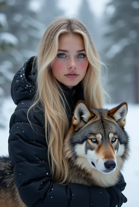 create image of Lilyaldriidge, 23yo, fair skin with shiny texture, lip gloss, blue eyes, round face, wearing simple makeup with contour and highlighter, blushed cheeks, long blonde hair, in a beautiful snowy landscape with a wolf next to her, wearing black...