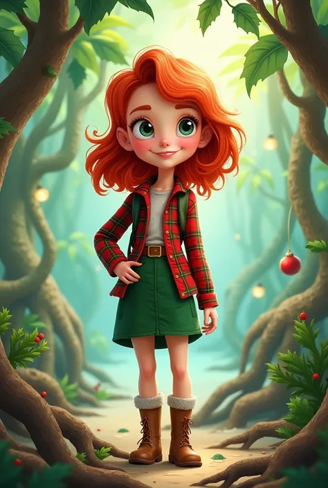  Create a 2d cartoon of an animated girl, explorer, Christmas clothes,  who looks cute and adorable ,  has to be a redheaded . Mangrove caretaker .