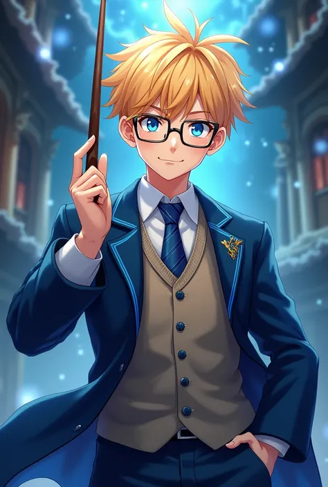 Handsome anime boy,blonde hair,wear glasses,wear magic school uniform and blue necktie with dragon pin,holding wand