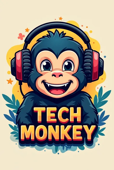 logo for a technology venture of the face of a cute and mischievous monkey ,  with headphones and a digital watch on his wrist with a fun background and a title that says "TECH MONKEY "