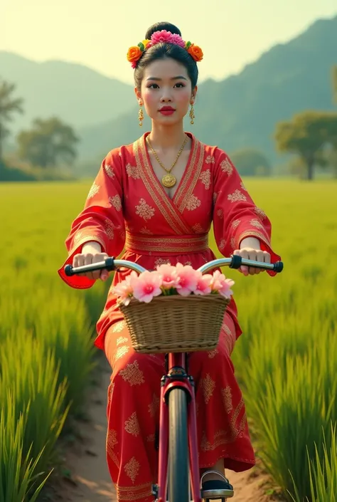 Create a vibrant, surreal image of a over-sized weight men riding a red bicycle in a lush green rice field under a soft, golden sunlight. She should wear a traditional outfit, featuring a bright red, intricately patterned dress and gold accessories such as...