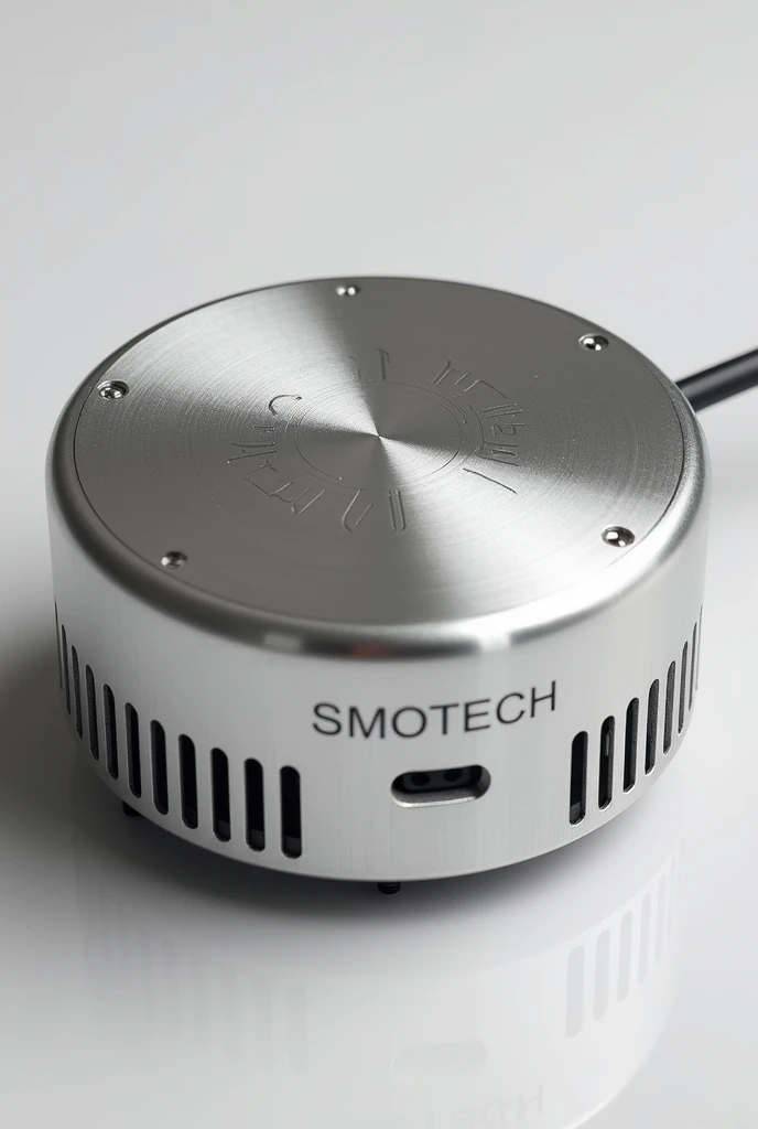  An aluminum heat manager with a small and round size, with a diameter of 7 , 5cm and a height of 5 cm ,  completely closed and without buttons or cables ,  only has the name of engraved on the front "SMOTECH ",  next to it, a remote control with 5 differe...