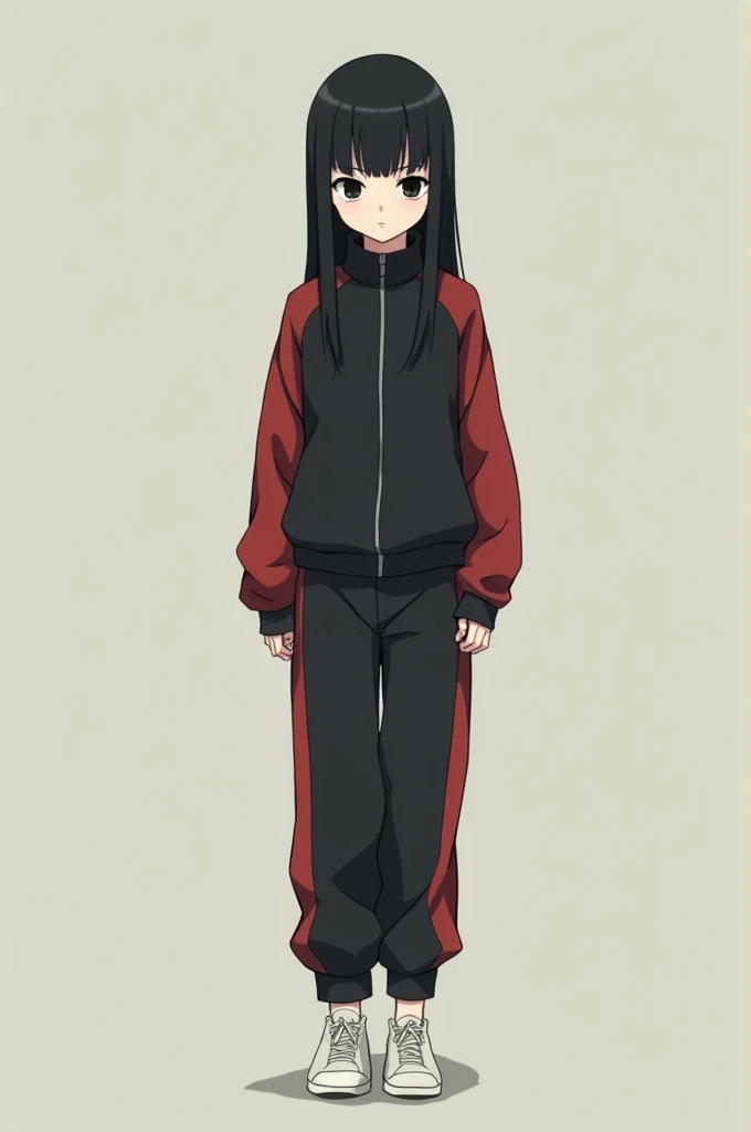 Black haired anime girl with white dull eyes and a poker face who kinda has a flat chest and butt wearing a black and red tracksuit and white sneakers. 