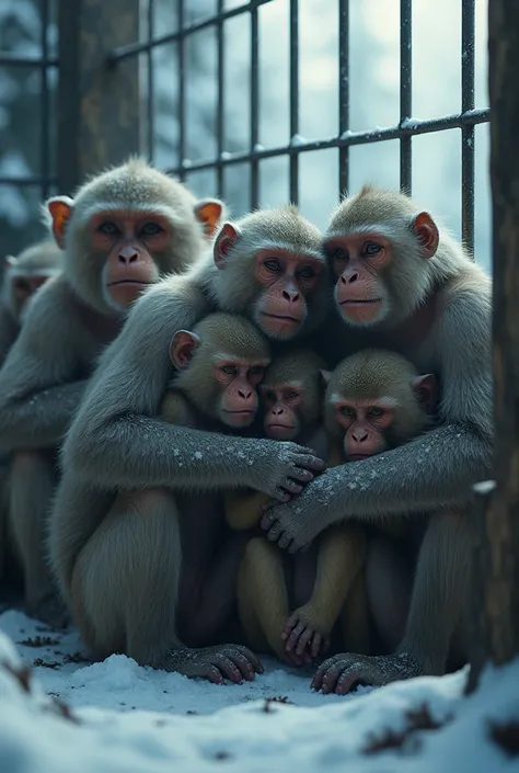 Some monkeys in a big cage are shivering in winter, want a picture like this