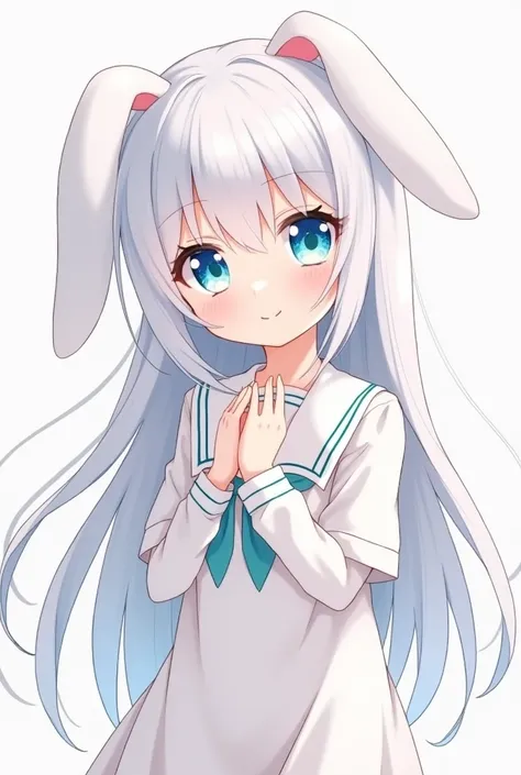 Cheveux blanc, yeux bleu détaillé, front ,  uniforme blanc , fille lapin , Mignon, style anime , cheveux long , détaillé, 