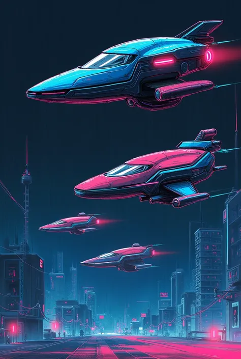 colorful sketch drawing, simple sketch drawing, simple lines, futuristic cyber drones ,  with dark colors and designer with neon lines  