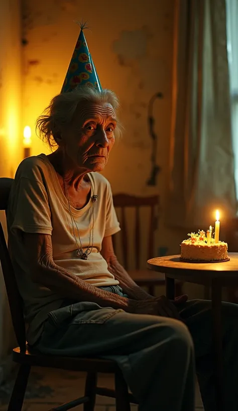 An elderly woman, frail and delicate in appearance, sits on an old, worn chair in a dimly lit room illuminated by the yellowish glow of candles on the table. She is dressed in a torn T-shirt and pants, reflecting neglect and the hardships of her life. Her ...