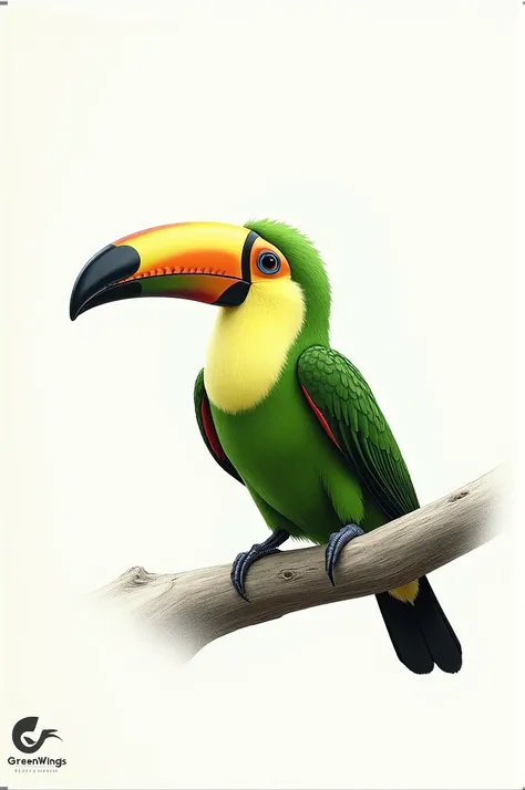 A green toucan perched on a branch as a drawing of this as a professional draftsman with a logo that says green wings 
