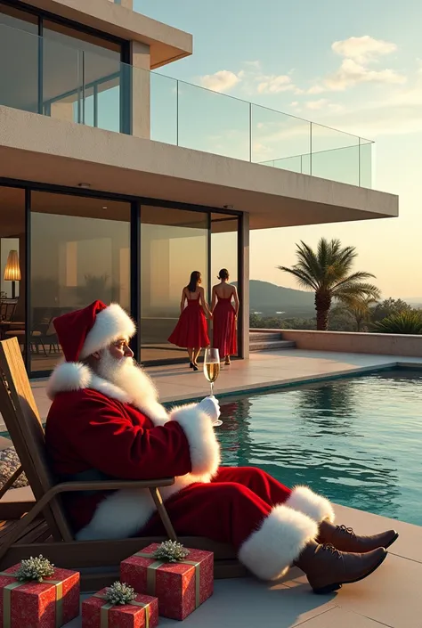 Une photo très réaliste dune maison dans le sud de la France une maison tres contemporaine,  de grandes baies vitrées et un toit terrasse rooftop, piscine.
Un père Noël savourant sa coupe de champagne et visible sur le toit terrasse,  Il Apprécie sa maison...