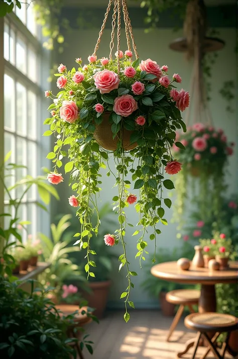 Hanging plants with rose flowers