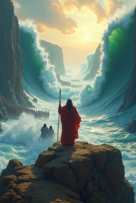 Another Creame a 4k HD Image, lots of color and Moses riding on a Rock in front and the people of Israel crossing the Red Sea divided in 2 ,  but without letters 