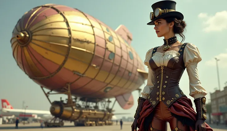 ((Full body CAR))), (((very detailed and heavy steampunk style zeppelin made of gold and PINK porcelain, lots of brass fittings, lots of windows and steam engines on the outside of the Zeppelin))), On the right side a woman (((DRESSED IN STEAMPUNK FASHION:...