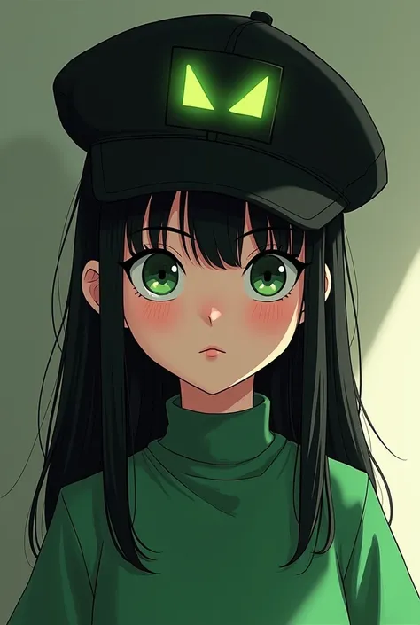 Girl green eyes white skin long straight black hair green sleeves with black invader zim square hat 