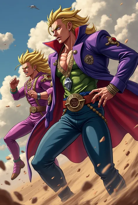 Сrea una imagen donde Johhny joestar de Jojos bizzarre adventure esta follando con Gyro zeppeli de Jojos bizzarre  adventure y Goku black de Dragon ball lo graba