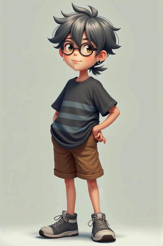 14-year-old boy looks dressed in a dark gray striped top, brown shorts and gray shoes. He has smoky gray hair ,  short bangs and a short ponytail behind ,  he has 1 black earring on the left and round glasses placed on his bangs