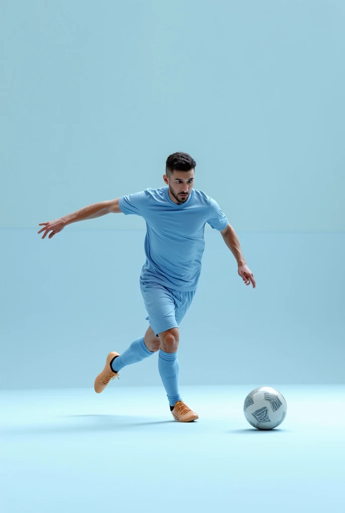 Generate a soccer player kicking a ball that doesnt have the clubs symbol and that the players uniform is all light blue