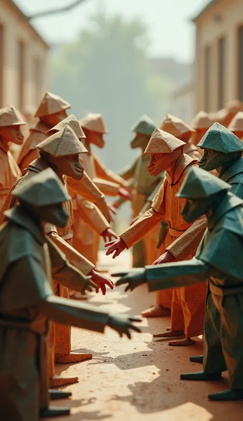 "An origami depiction of a community being monitored by guards, handing over goods under duress, illustrating systematic exploitation."