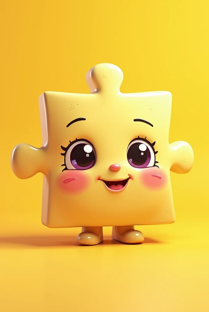 Create a puzzle piece with a cute face, yellow background 