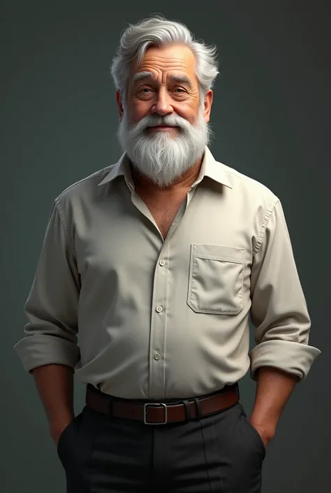  I want a man with a white beard and gray hair, Short that measures 1 ,70, with a plain shirt and dark pants ,  with a mole on the cheek . 