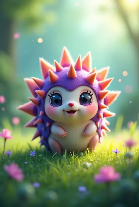 An adorable hedgehog-like creature with purple and orange spines set against a dreamscape background of bright greenery and soft pastel colors."