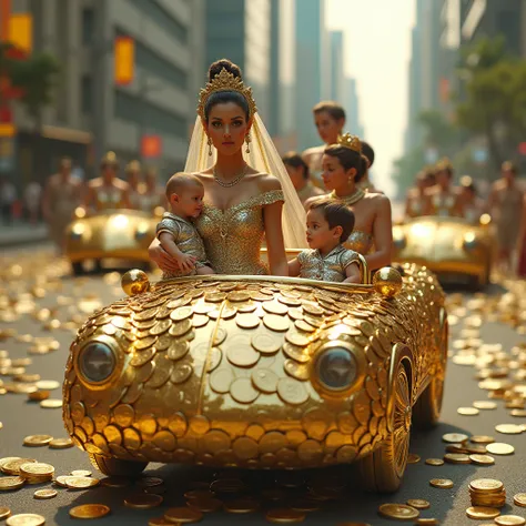 Create a surreal and artistic image of a woman sitting inside a small vehicle entirely covered in shiny golden coins, giving it a luxurious and unique appearance. The woman is dressed in an elegant, glittery golden gown, with matching jewelry and a veil, e...