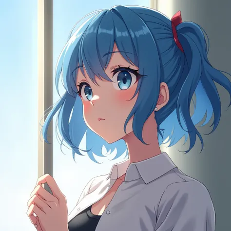 anime girl avec des cheveux bleus looking at something, Anime 2D style, girl avec des cheveux bleus, belle fille aux cheveux bleus, réalisés avec le studio de peinture anime, avec des cheveux bleus, Anime 2D, femme aux cheveux bleus courts, Art numérique s...