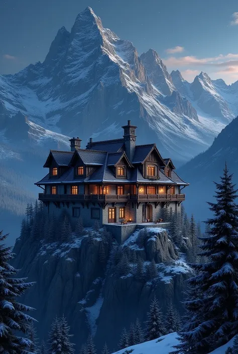 a German house, on a mountain, at night